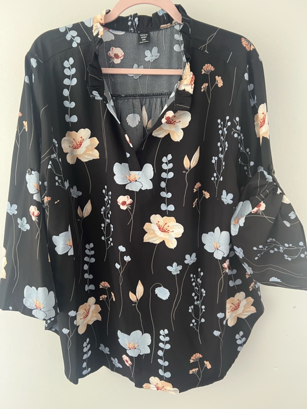 SHEIN Black Floral Ruffle V-Neck Tunic with Blue and Cream Blooms